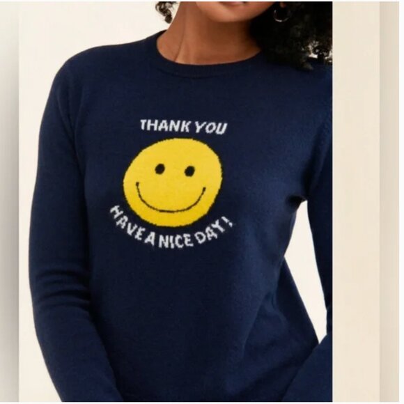 KULE cashmere sweater crew neck Smiley Face navy blue size S - Picture 1 of 9